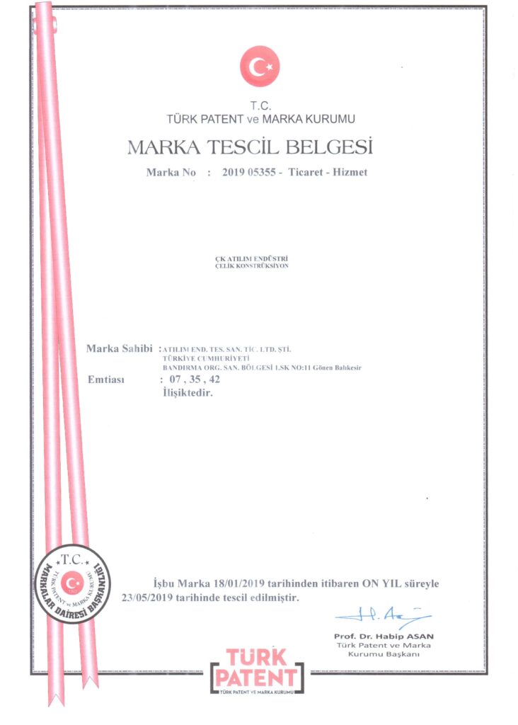 ATILIM ENDÜSTRİ MARKA TESCİL BELGESİ