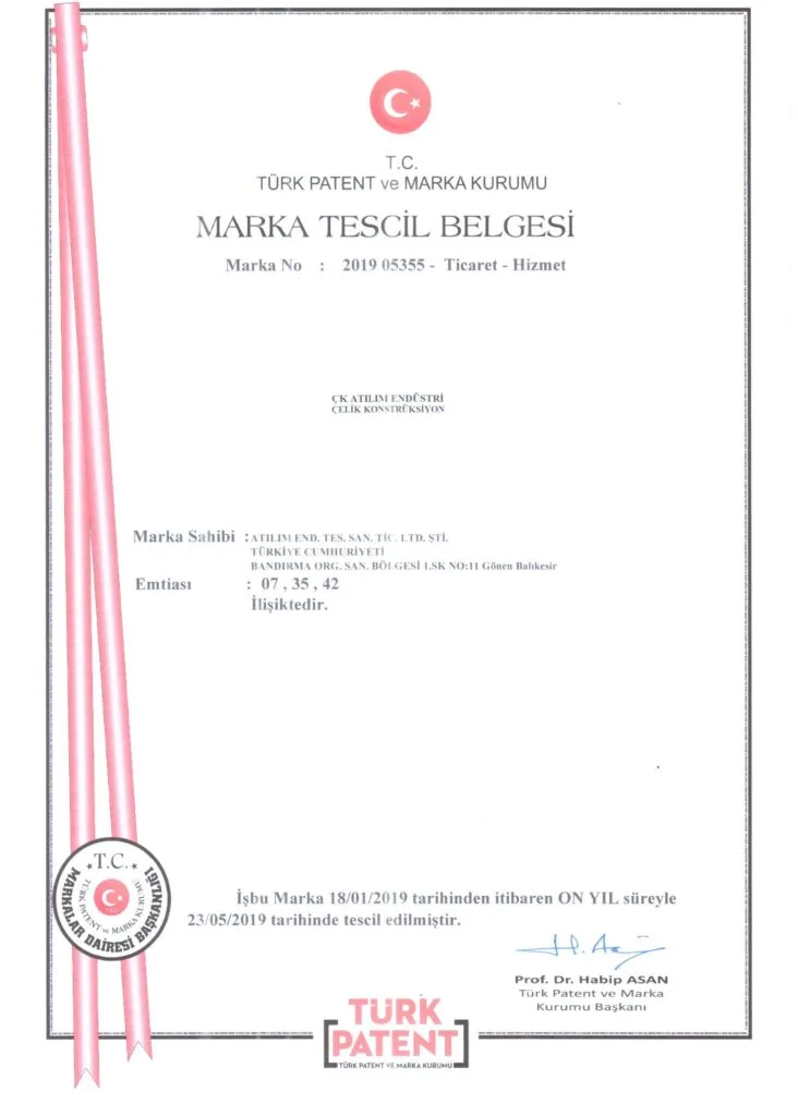 Atılım Endüstri marka tescil belgesi — Türk Patent ve Marka Kurumu