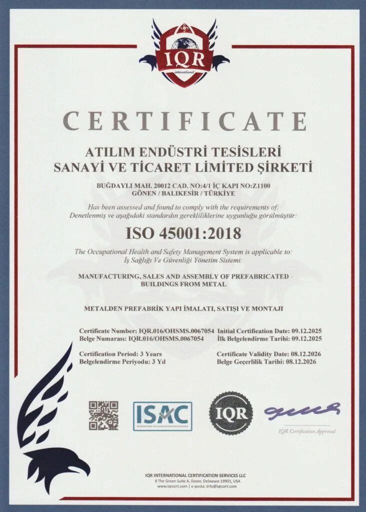 Atılım Endüstri ISO 45001 İş Sağlığı ve Güvenliği Yönetim Sistemi belgesi