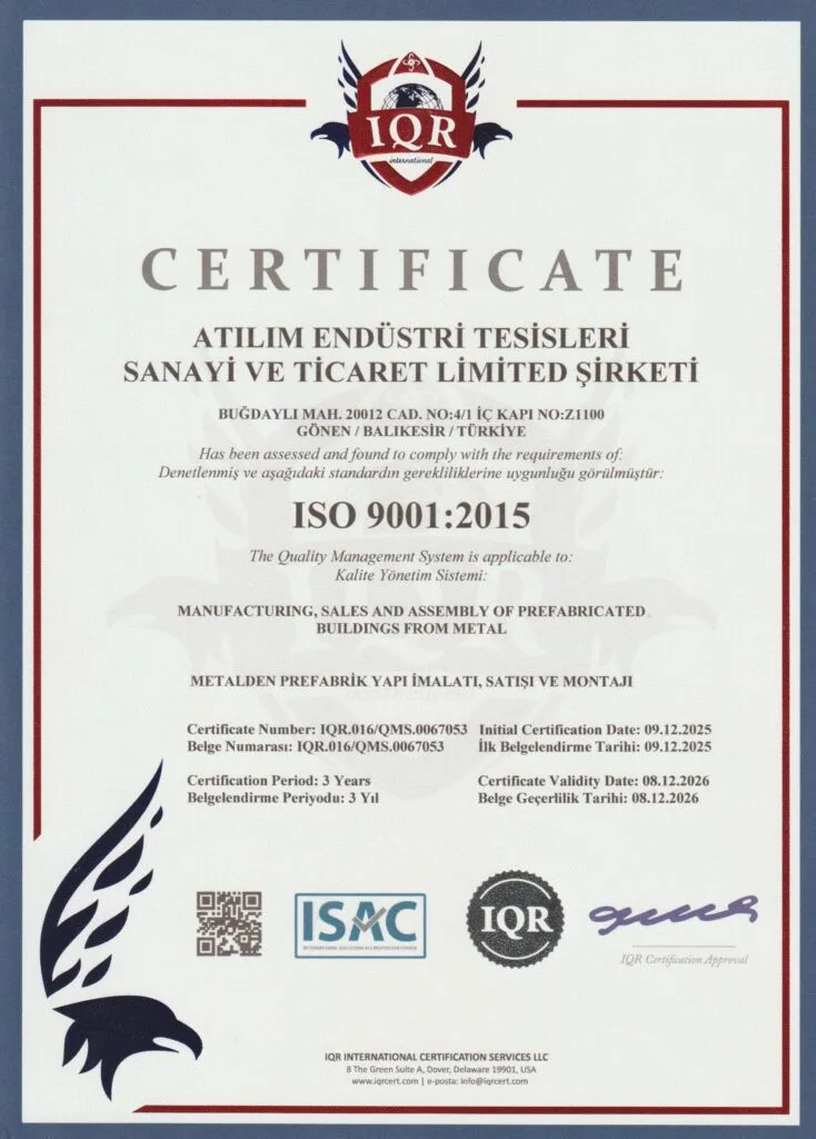 Atılım Endüstri ISO 9001:2015 Kalite Yönetim Sistemi belgesi
