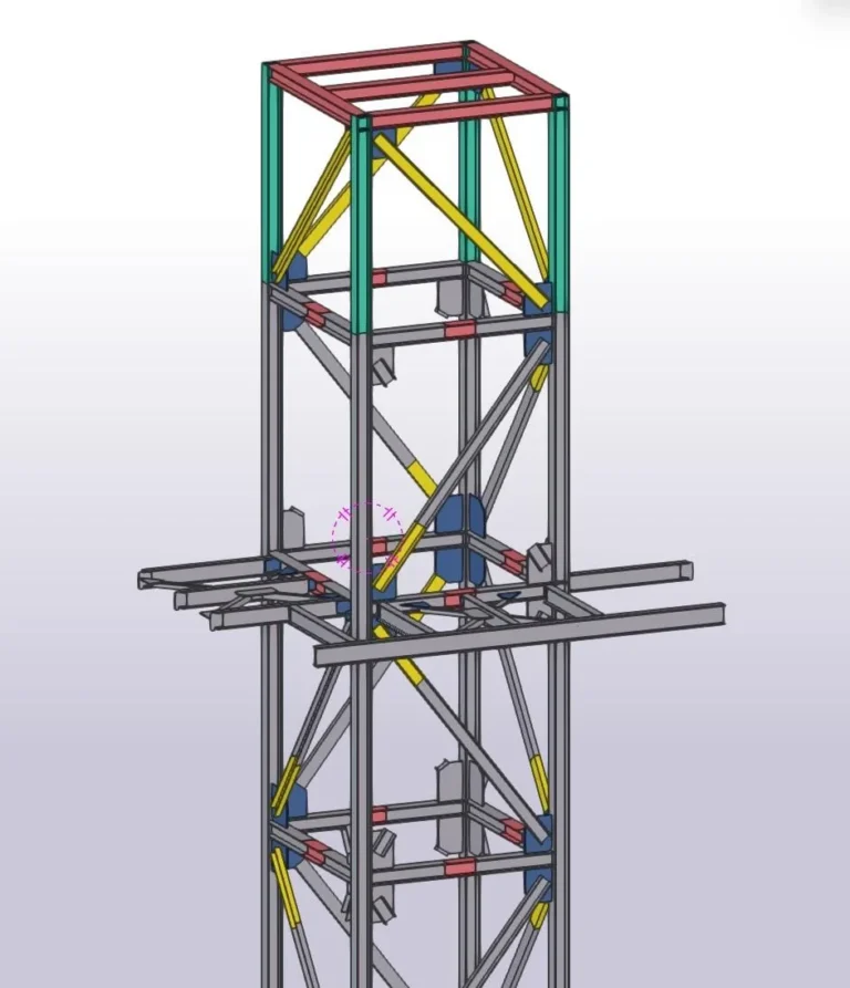 Genişletilen asansör kulesinin Tekla 3D modeli ve konsol sahanlıkları